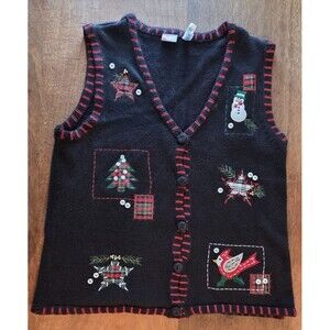 Holiday Edition  Knit Sweater Vest Womens L  Black Christmas Star Tree Beaded